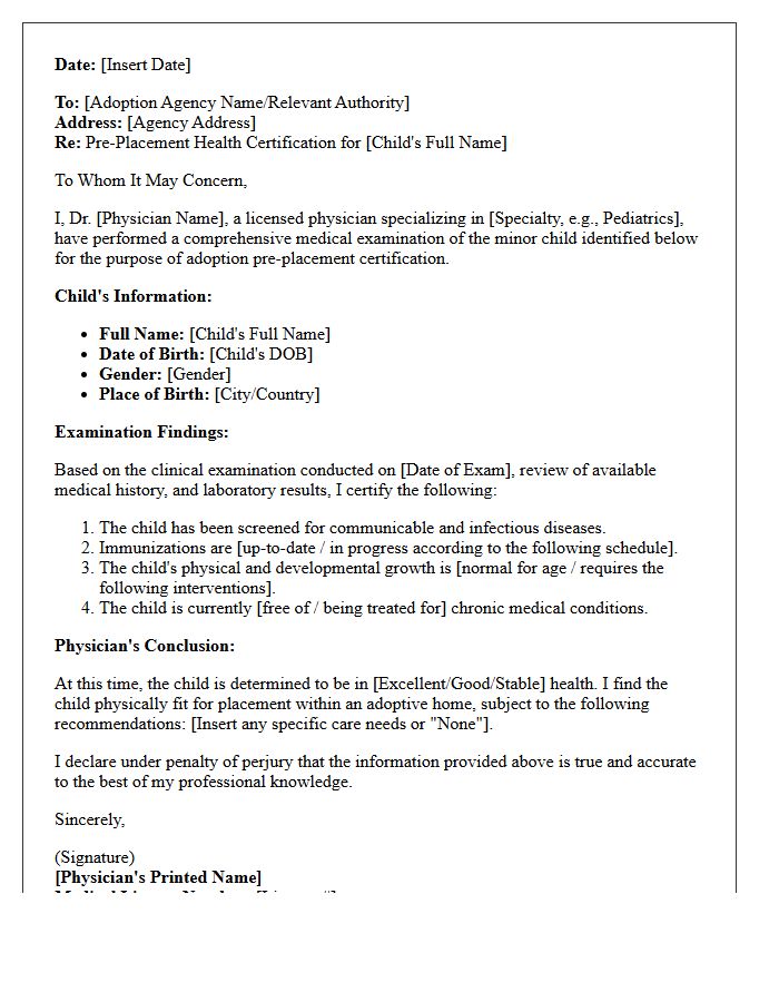 Pre-Placement Health Certification Letter for Adopted Minor