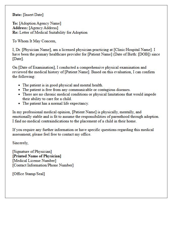Letter of Medical Suitability for Adopted Child Placement