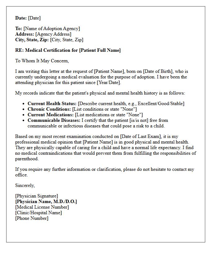 Adoption Agency Medical Certification Letter from Attending Physician