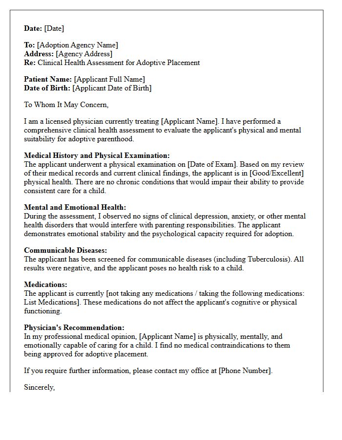 Clinical Health Assessment Letter for Adoptive Placement