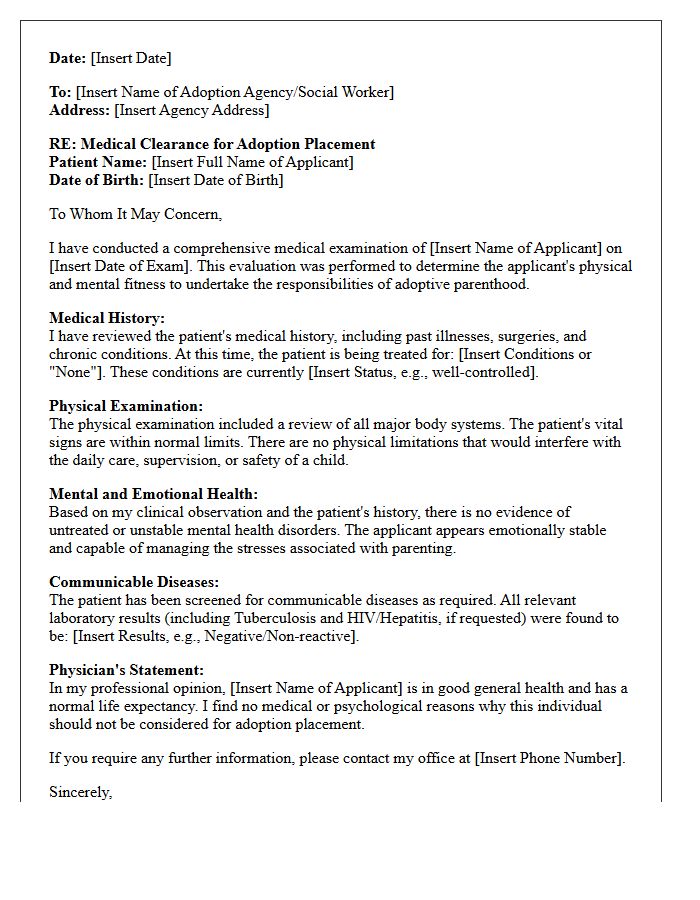 Complete Medical Examination Letter for Adoption Placement