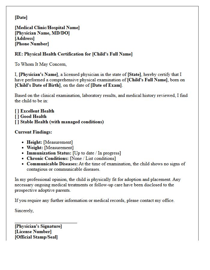 Letter of Physical Health Certification for Adopted Child
