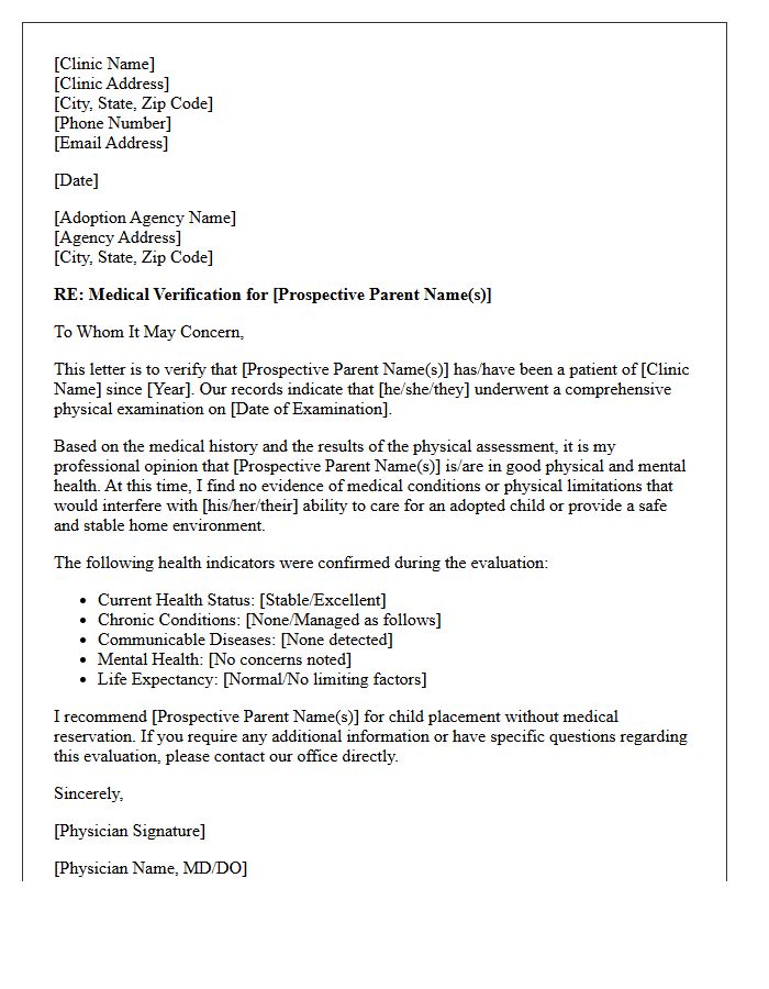 Medical Clinic Verification Letter for Adoptive Family Placement
