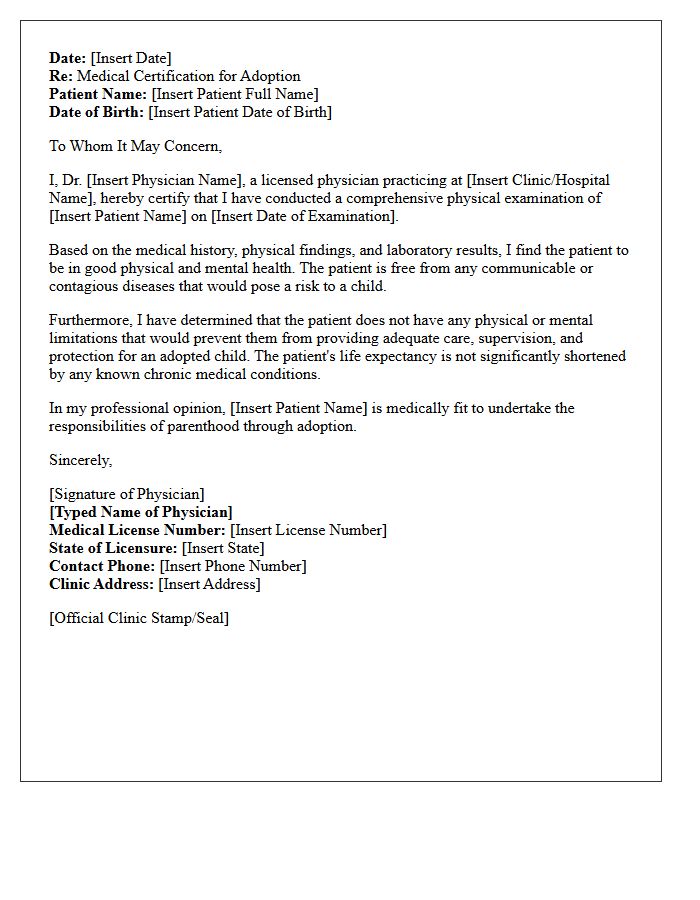 Official Physician Certification Letter for Child Adoption Process