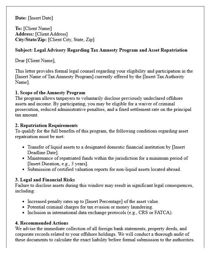 Tax Amnesty Program Asset Repatriation Legal Advisory Letter