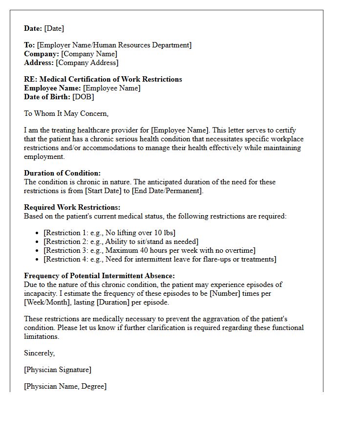 Chronic Serious Health Condition Work Restriction Certification Letter