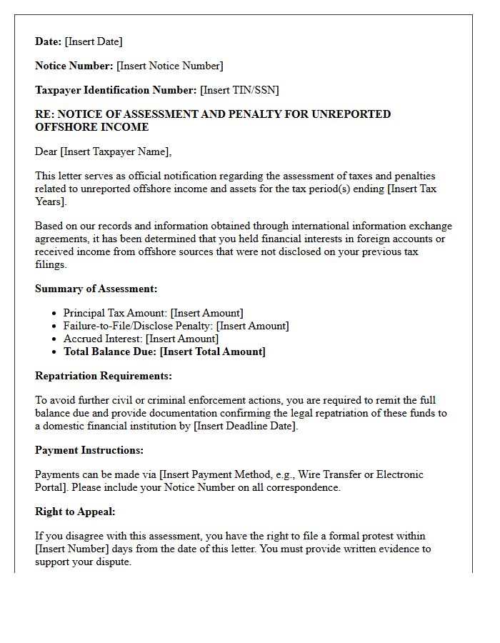 Unreported Offshore Income Repatriation Penalty Notice Letter