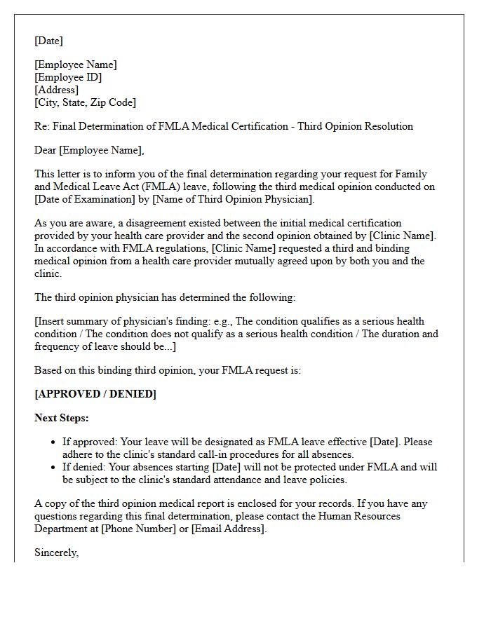 Medical Clinic Employee FMLA Third Opinion Resolution Letter