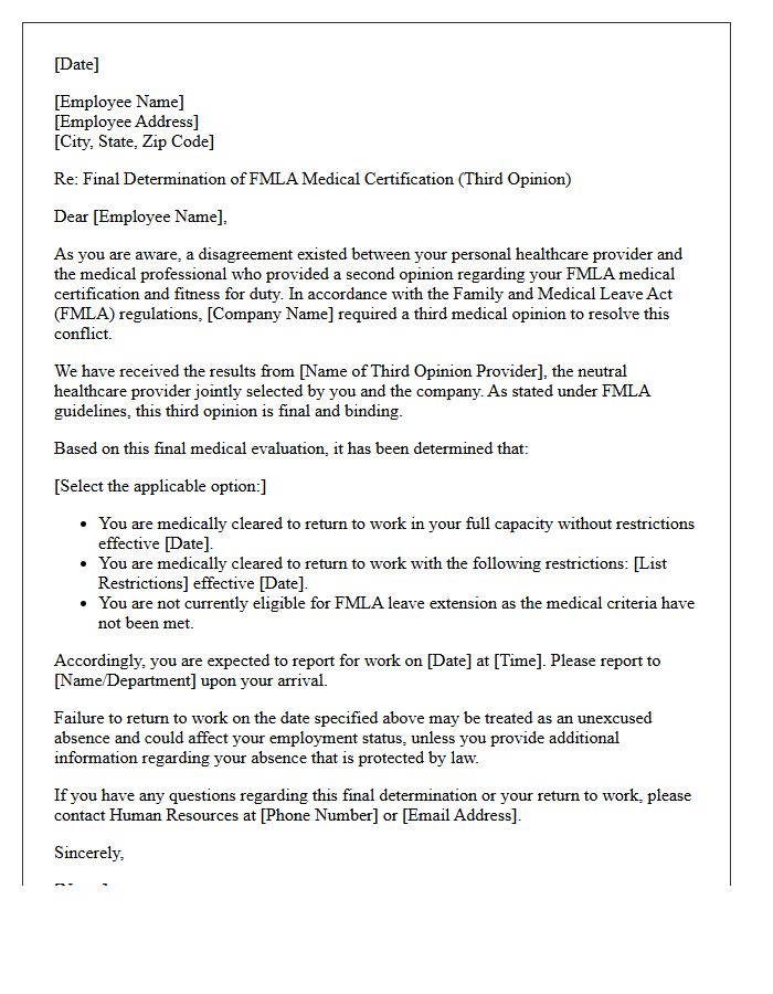 FMLA Third Opinion Medical Resolution Return to Work Letter