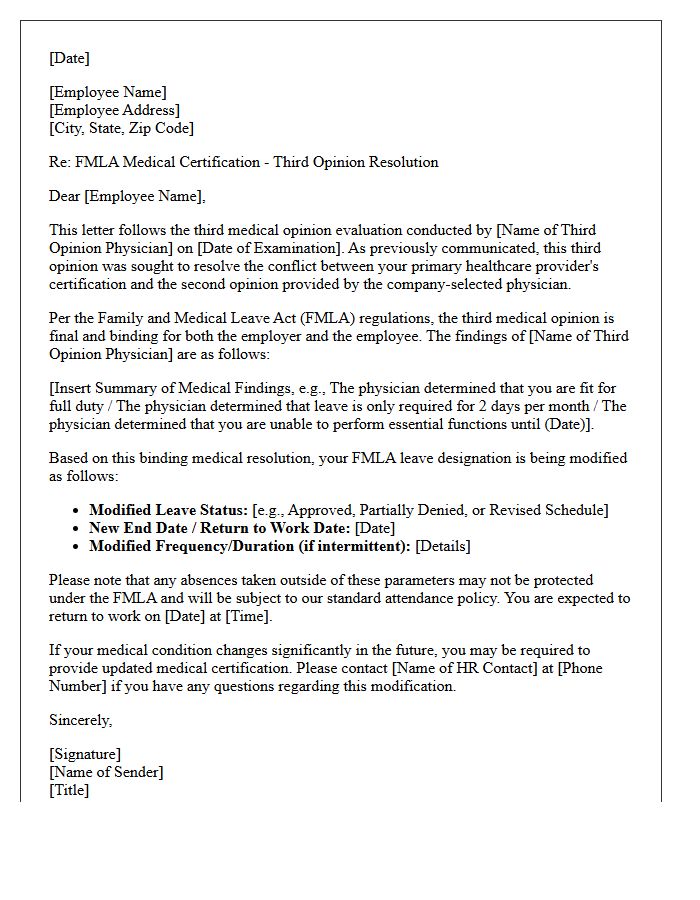 FMLA Third Opinion Medical Resolution Leave Modification Letter