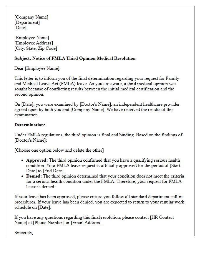 Notice of FMLA Third Opinion Medical Resolution Letter