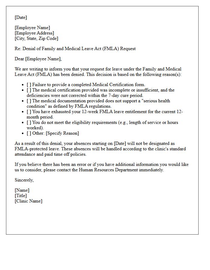 Medical Clinic Employee FMLA Certification Denial Letter