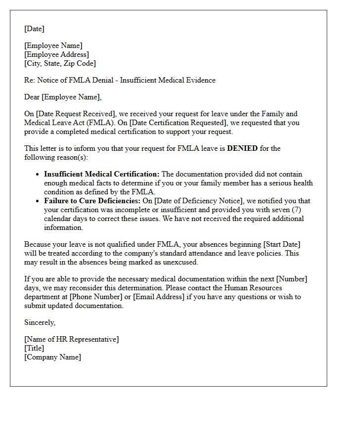 Notice of FMLA Denial Letter for Insufficient Medical Evidence