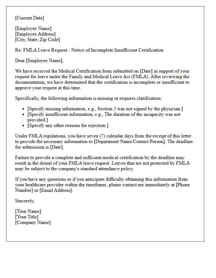 Letter of FMLA Rejection Due to Incomplete Clinical Certification