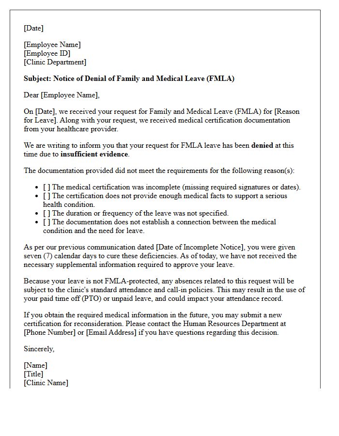 Insufficient Evidence FMLA Denial Letter for Clinic Staff