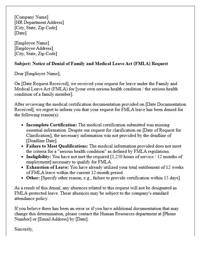 Official Letter of FMLA Medical Certification Denial
