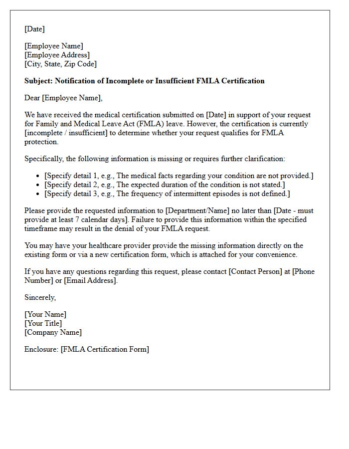 Letter of Notification Regarding Insufficient FMLA Certification