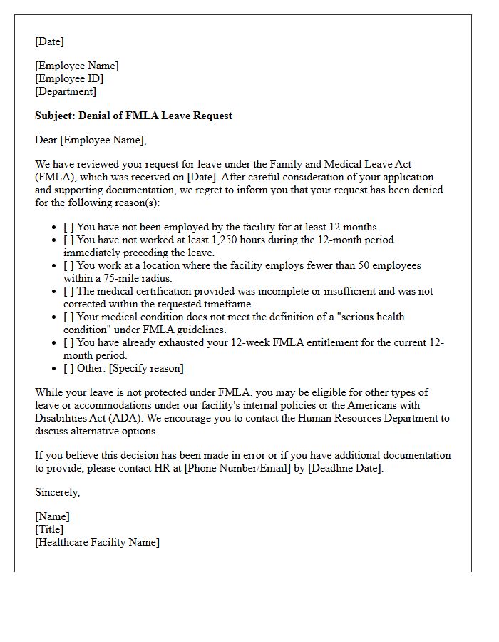 Healthcare Facility FMLA Leave Request Denial Letter