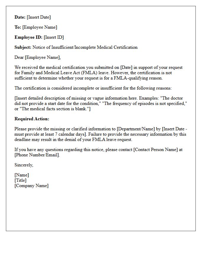 FMLA Medical Certification Insufficiency Notice Letter