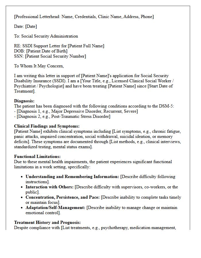 Mental Health Professional Social Security Disability Insurance Support Letter
