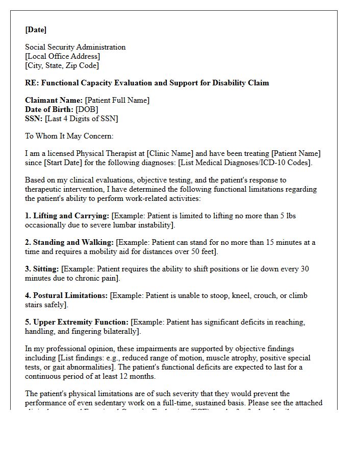 Physical Therapy Functional Capacity Social Security Disability Insurance Support Letter