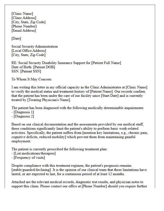 Clinic Administrator Official Social Security Disability Insurance Support Letter