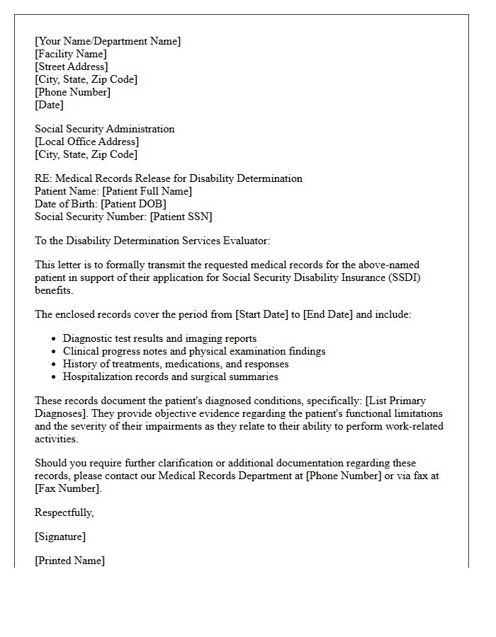 Medical Records Department Social Security Disability Insurance Support Letter