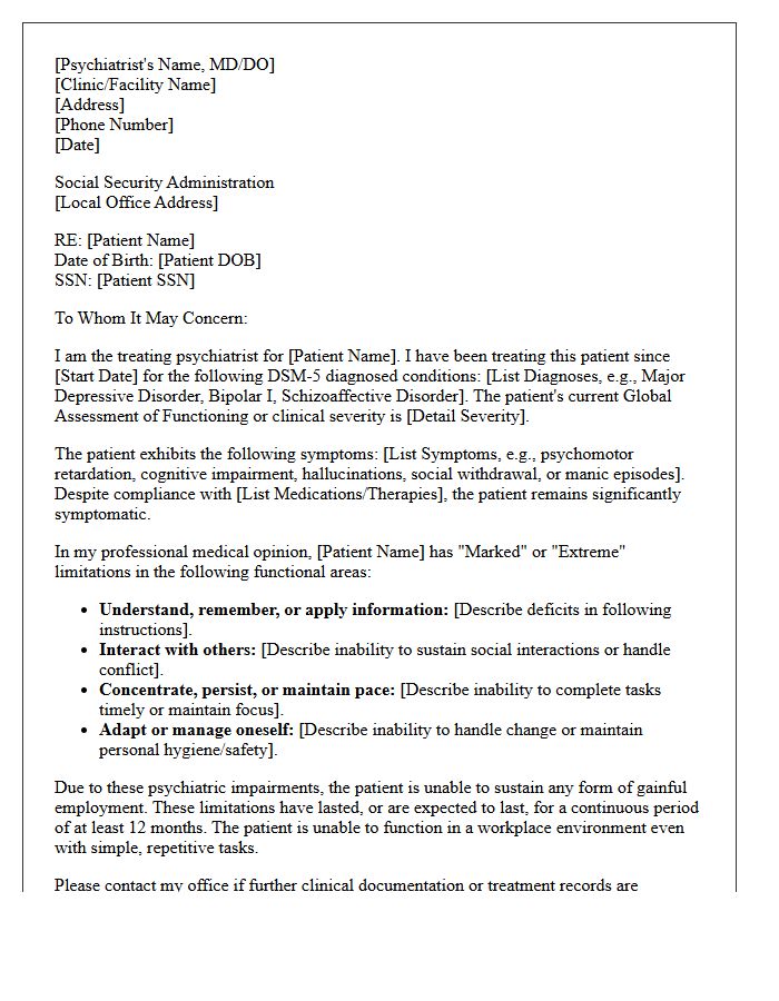 Treating Psychiatrist Social Security Disability Insurance Support Letter