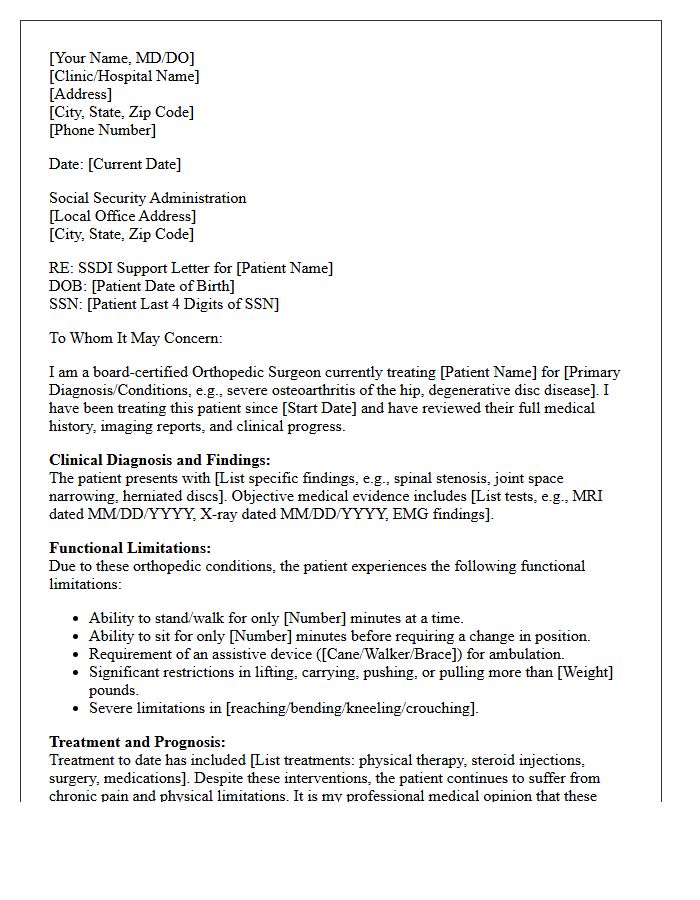 Orthopedic Surgeon Social Security Disability Insurance Support Letter