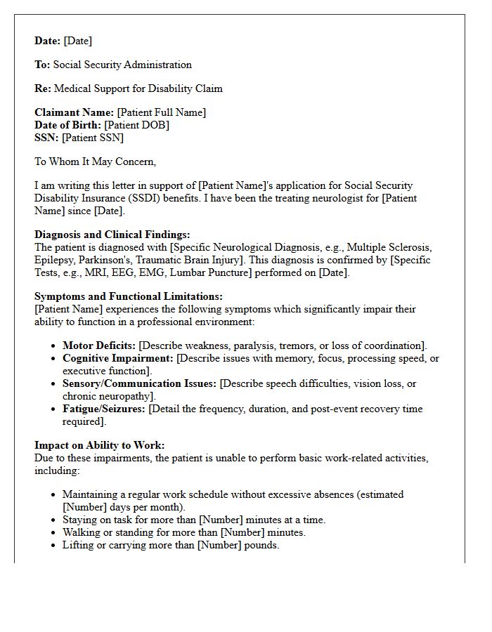 Neurological Impairment Evaluation Social Security Disability Insurance Support Letter