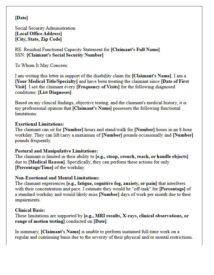 Residual Functional Capacity Social Security Disability Insurance Support Letter