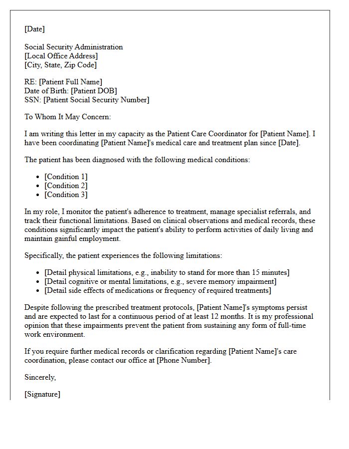 Patient Care Coordinator Social Security Disability Insurance Support Letter