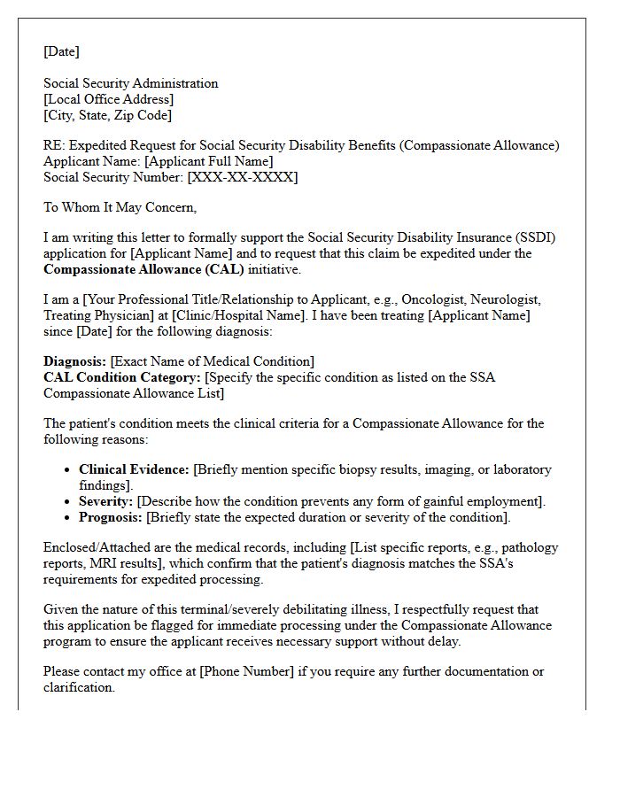 Compassionate Allowance Expedited Social Security Disability Insurance Support Letter