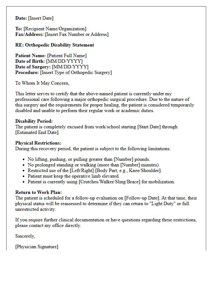 Orthopedic Post-Operative Disability Statement Letter