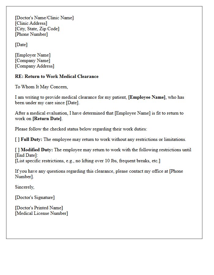 Return to Work Medical Clearance Letter