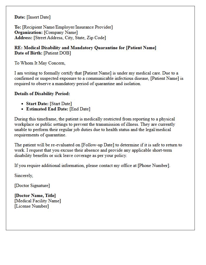 Infectious Disease Quarantine Disability Letter