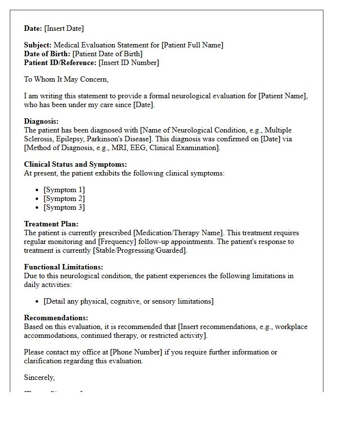 Neurological Condition Evaluation Statement Letter