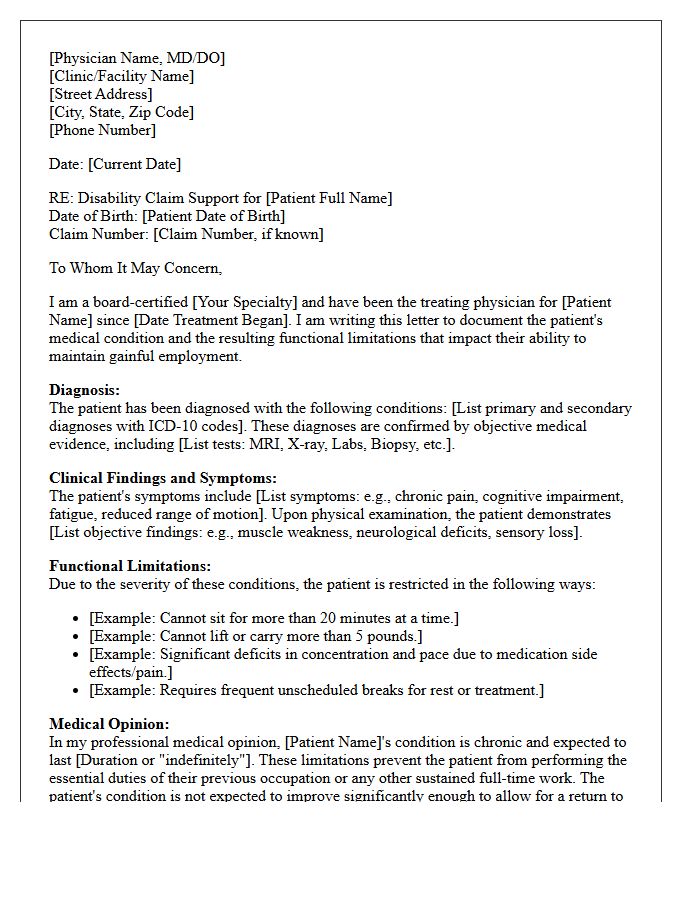 Attending Medical Specialist Disability Claim Support Letter
