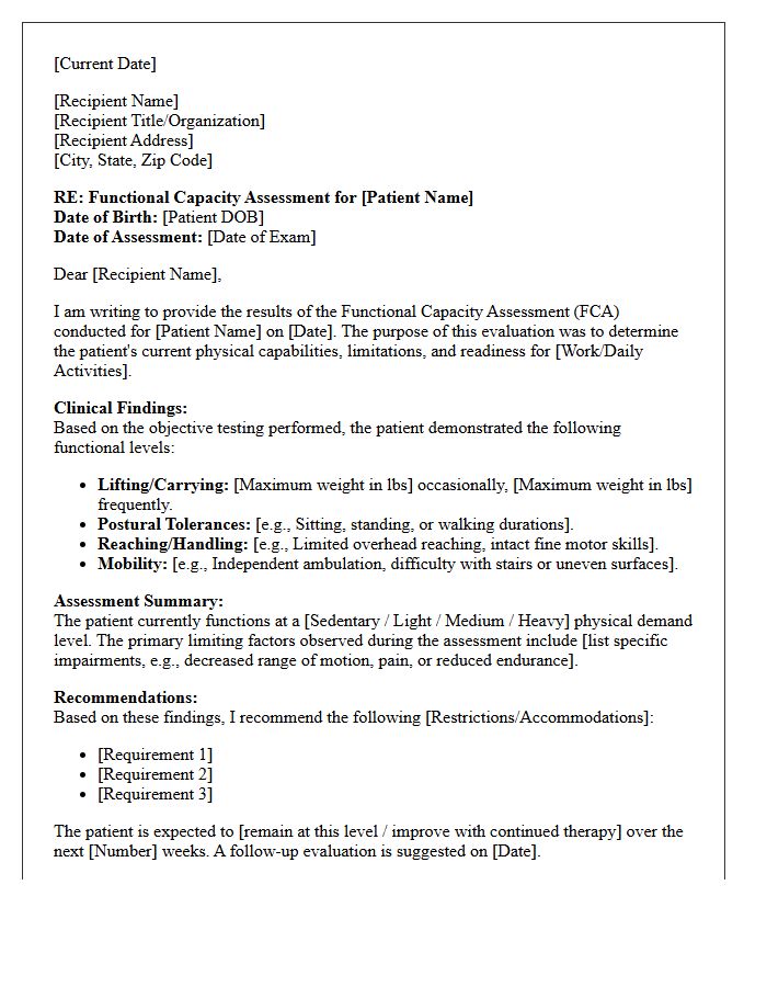 Physical Therapy Functional Capacity Assessment Letter