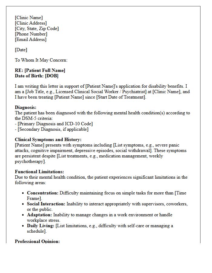 Mental Health Clinic Disability Evaluation Support Letter