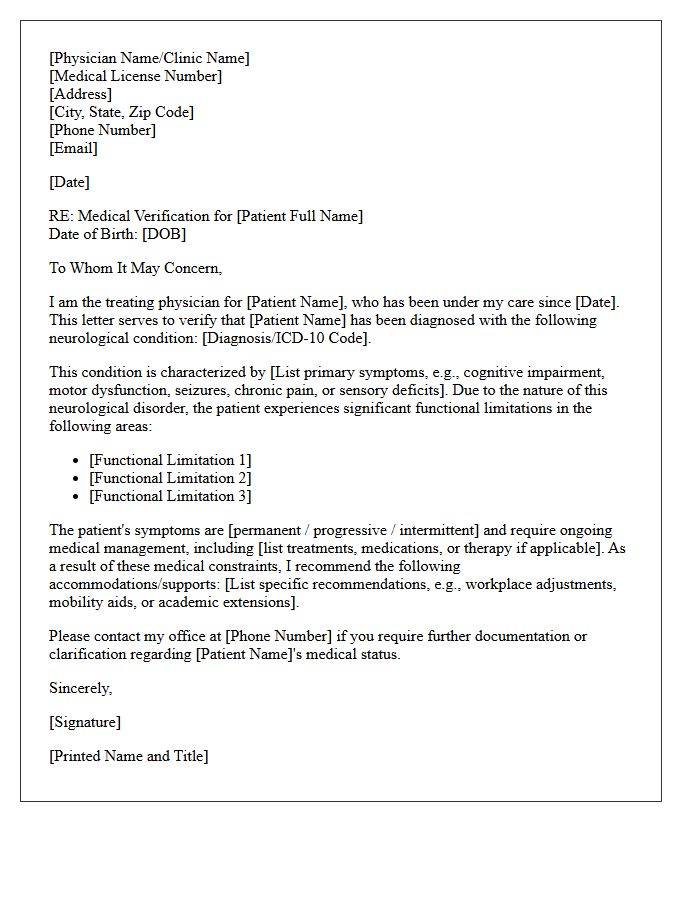 Neurological Condition Medical Verification Support Letter