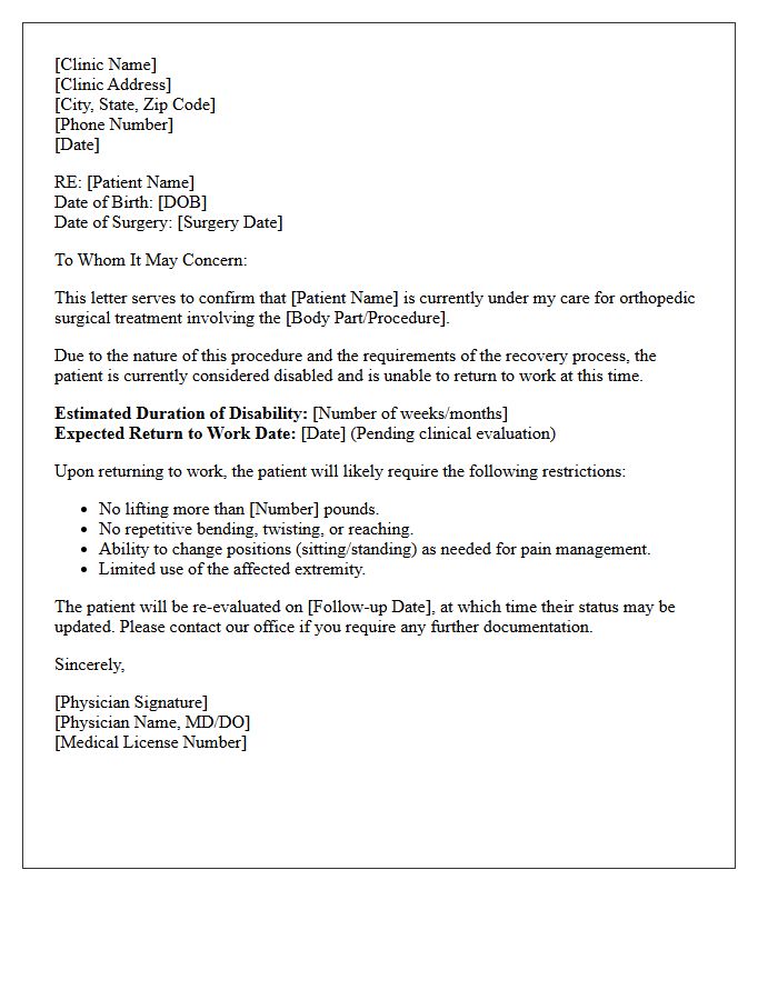 Orthopedic Clinic Surgical Recovery Disability Letter