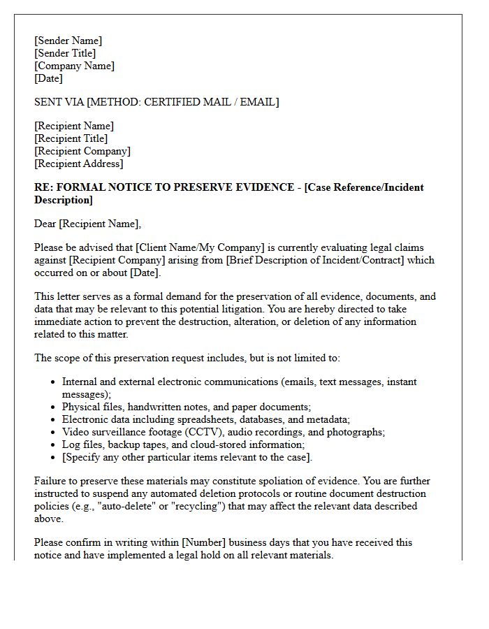 Pre-Litigation Spoliation of Evidence Risk Advisory Letter