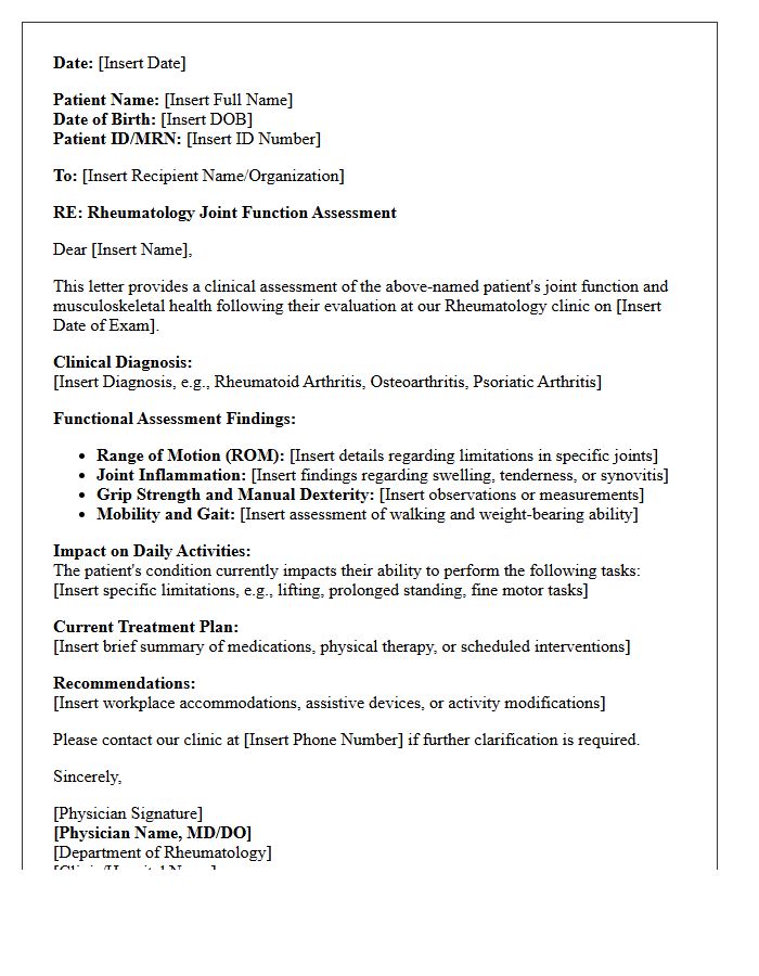 Rheumatology Clinic Joint Function Assessment Letter