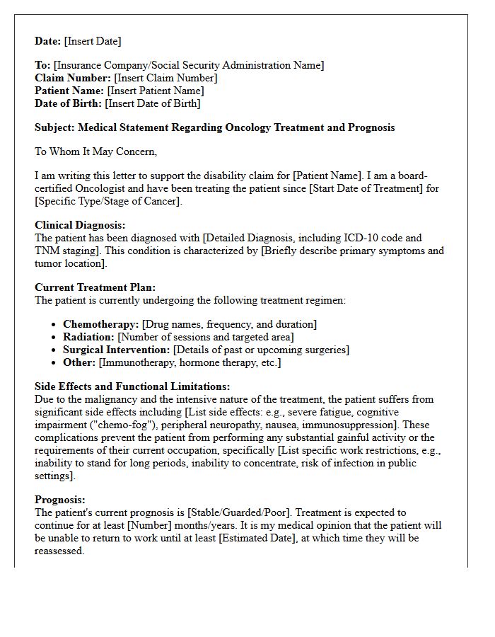 Oncology Treatment And Prognosis Disability Claim Letter