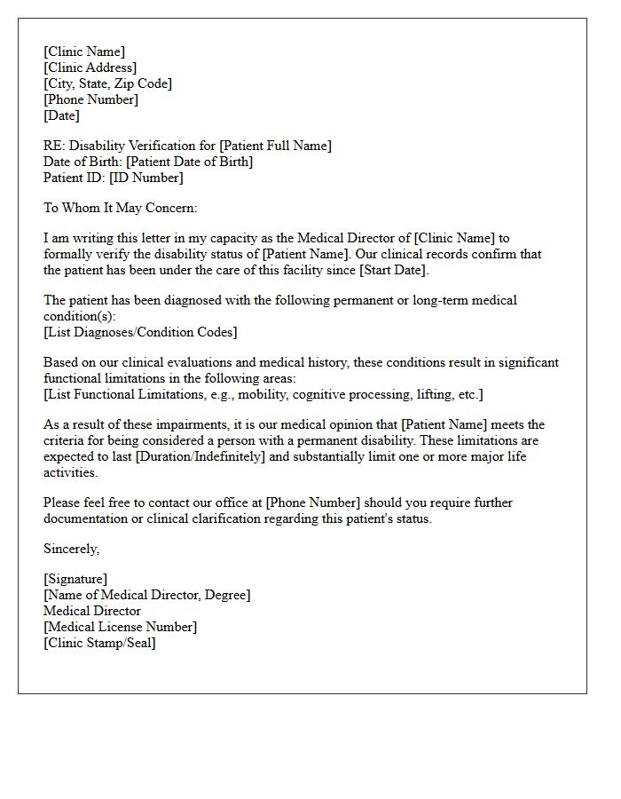 Medical Clinic Director Overall Disability Verification Letter