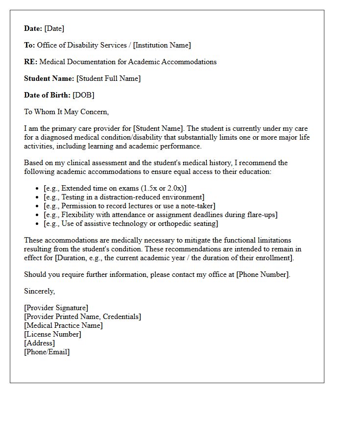 Primary Care Student Academic Disability Accommodation Letter