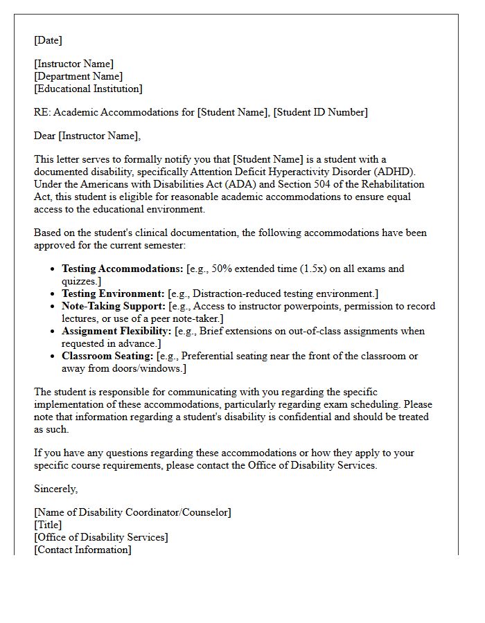 Attention Deficit Hyperactivity Disorder Academic Accommodation Letter