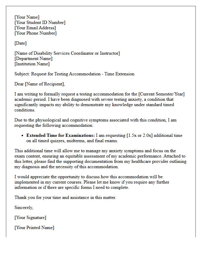 Severe Testing Anxiety Time Extension Accommodation Letter