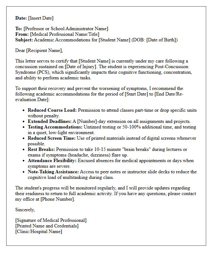 Post-Concussion Syndrome Academic Recovery Accommodation Letter